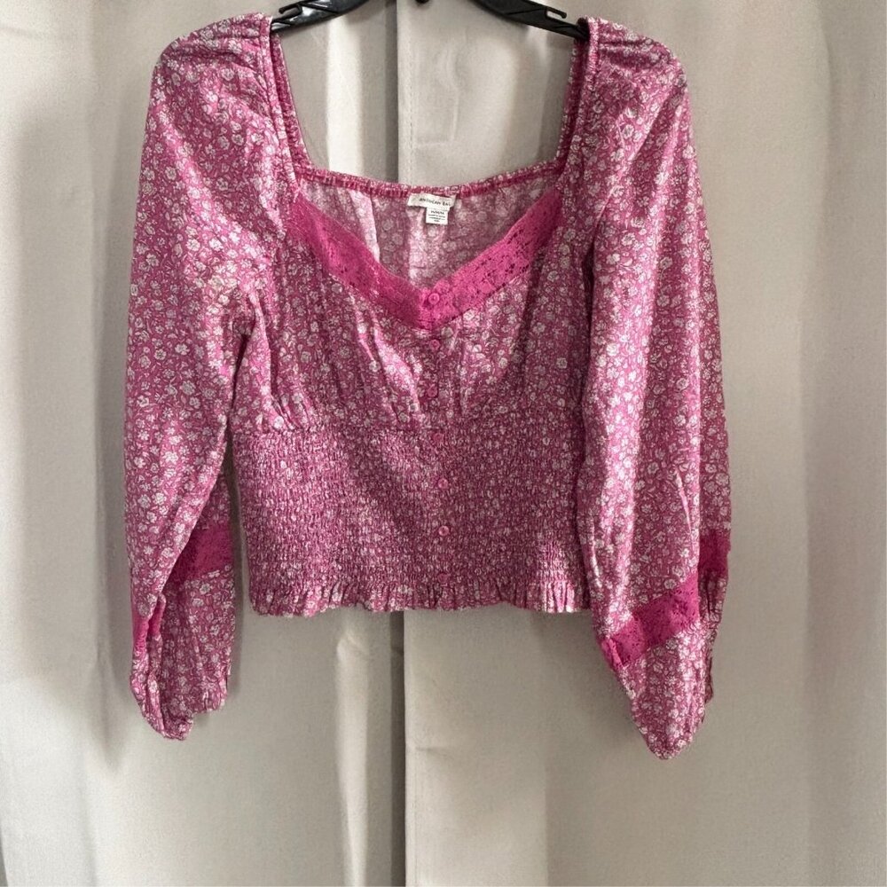 American Eagle Top Medium Pink Ditsy Floral Crop Puff Sleeve Peasant Y2K 18062x - Picture 1 of 8